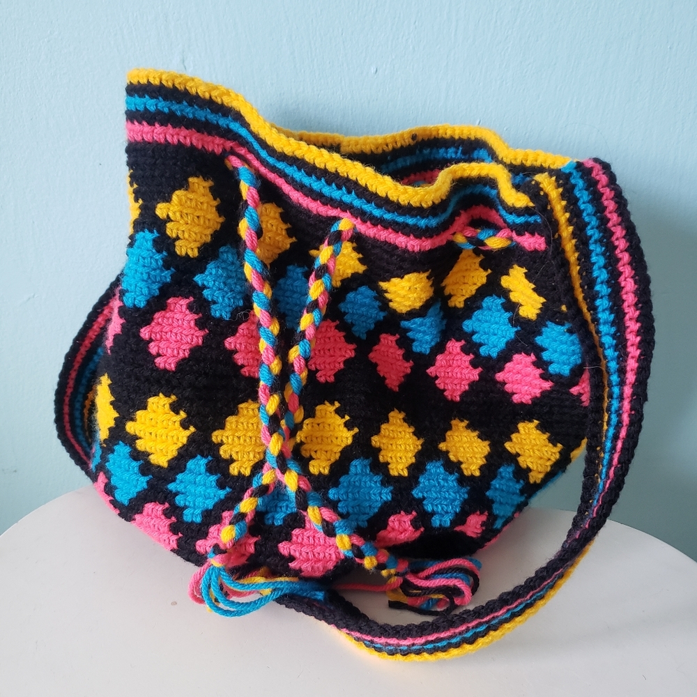 Knit crochet drawstring rainbow hippy hippie boho bag purse diamonds stripes - Picture 1 of 5
